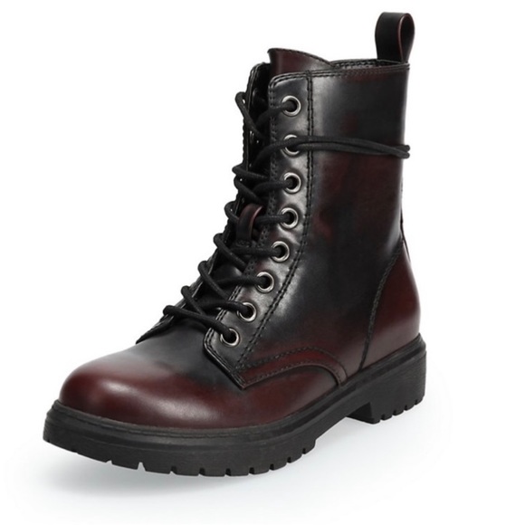 SO Women Burgundy Combat Boots Faux Leather Laced Up - Picture 10 of 10
